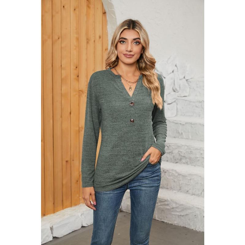 HNXC Bluzki i koszule damskie w swobodnym, jednolitym kolorze, z nadrukiem i długim rękawem, z dekoltem w serek