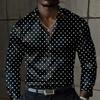 Men's Long Sleeved Shirt, Light Luxury Men's Casual Shirt, Smooth Satin Gray Background, White Dot Polka Dot Long Sleeved Shirt