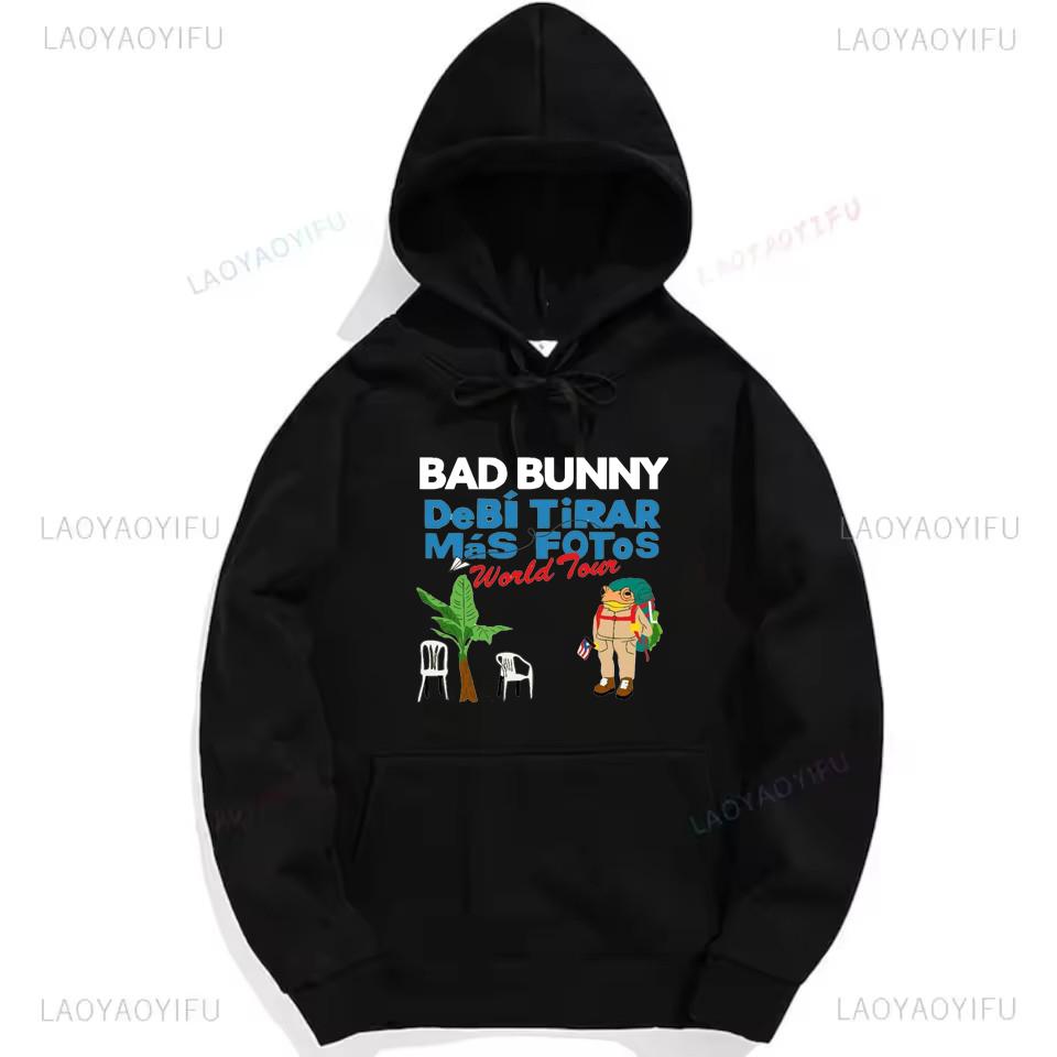 Bad Bunny Debi Tirar Mas Fotos Frog Graphic Sweatshirt Fashion Hip-hop Hoodie Woman Man Black Puerto Rico Drop Shoulder Pullover
