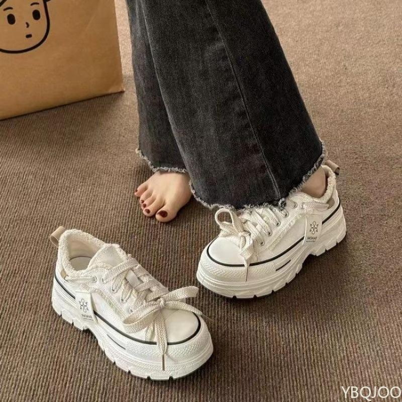 Fashion Retro Classic Women's Flat Bottomed Lace Up Thick Soled Raised Canvas Shoes Multi Versatile Women Vulcanized Shoes Sneakers