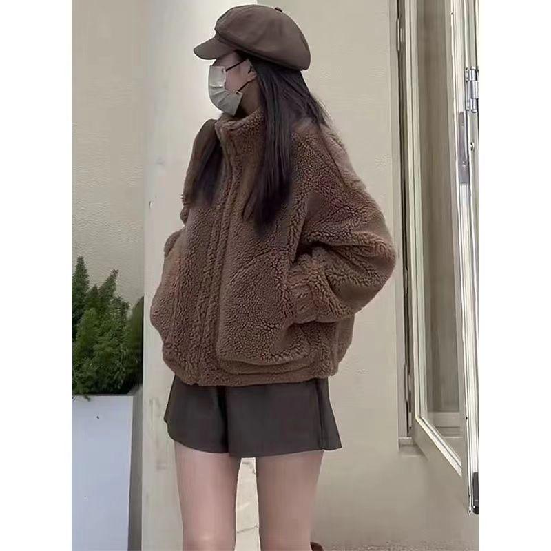 Lamb wool coat women's autumn short Korean version top long sleeve imitation lamb wool stand-up collar small coat