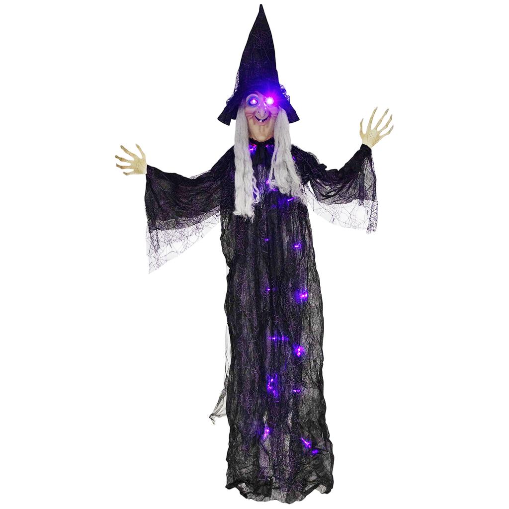 183 cm Life Size Halloween Animated Hanging Witch with Glowing LED Eyes & Body, Spooky Witch Scary Halloween Decorations, Battery Operated