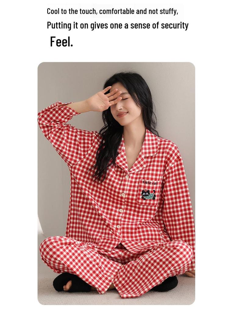 Women's Cute Cartoon Pajamas Set: Pure Cotton, Long Sleeve with Chest Pad, Plus Size, Suitable for Outdoor Wear, Autumn/Winter Cardigan.