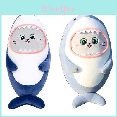 Adorable Shark Plush Pillow With Cat Face Stuffed Animal Soft And Cuddly Embroidered Details