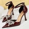 Fashion Summer Women 8cm High Heels Leather Sandals Nightclub Rhinestone Bowknot Sandles Lady Low Heels Ankle Strap Luxury Party Shoes