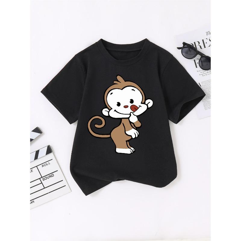 European sizes Kids' Cartoon Print Cotton T-Shirt - Crew Neck, Short Sleeve, Stretchy & Breathable for Sports and Play