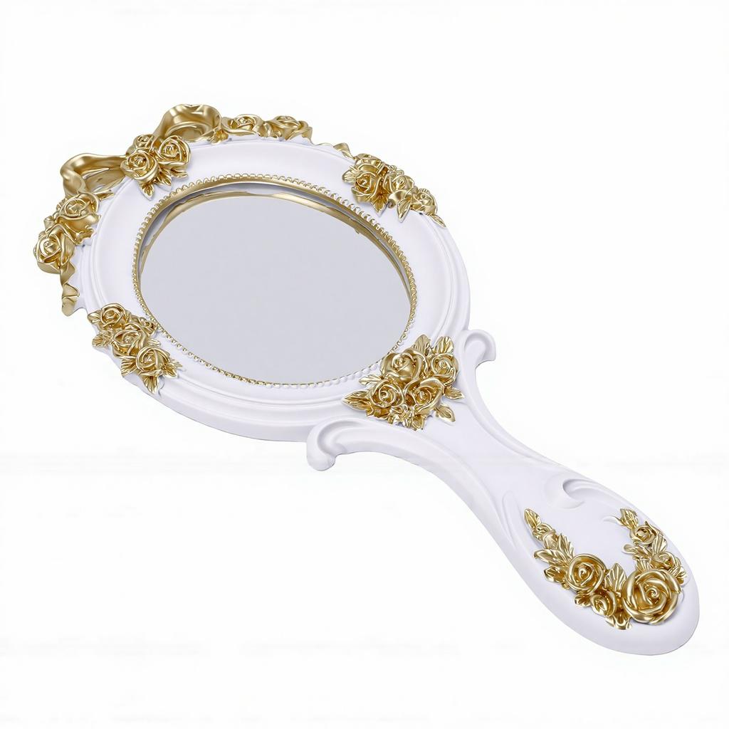 Vintage Hand Held Mirror Portable Oval Embroidery Princess Mirror for Women Retro Decor White