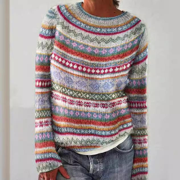 Knitted Women Sweater Print O-neck Long Sleeve Casual Loose Sweaters Female Winter Elegant Trendy Ladies Clothes