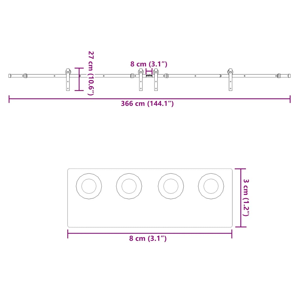 Sliding Door Hardware Set 366 cm Steel Black