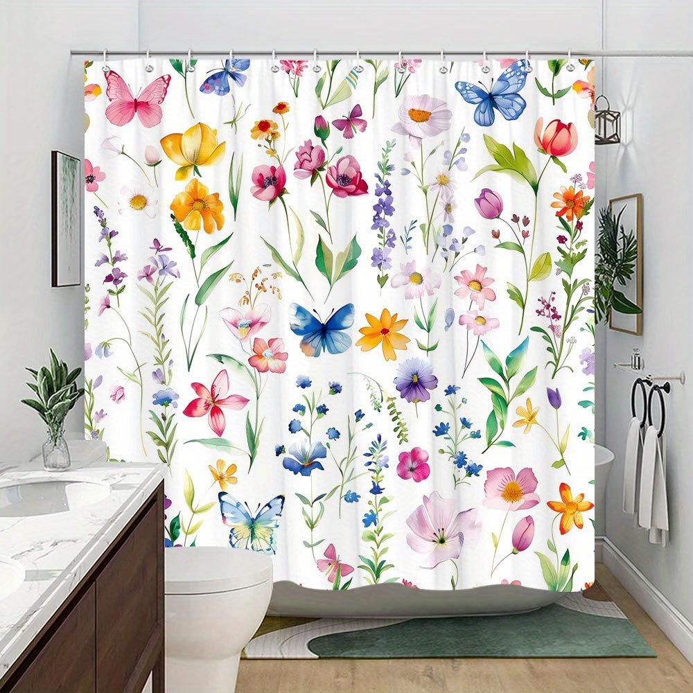 1 Piece Floral Butterfly Shower Curtain, Colorful Roses, Daisies and Lilies with Butterflies, Polyester Fabric, with Hook