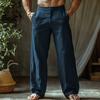 Men's Linen Summer Beach Trousers Buttoned Slanted Pockets Straight Leg Design Solid Colour Comfortable Breathable Long Trousers