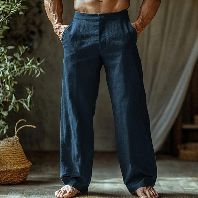 Men's Linen Summer Beach Trousers Buttoned Slanted Pockets Straight Leg Design Solid Colour Comfortable Breathable Long Trousers
