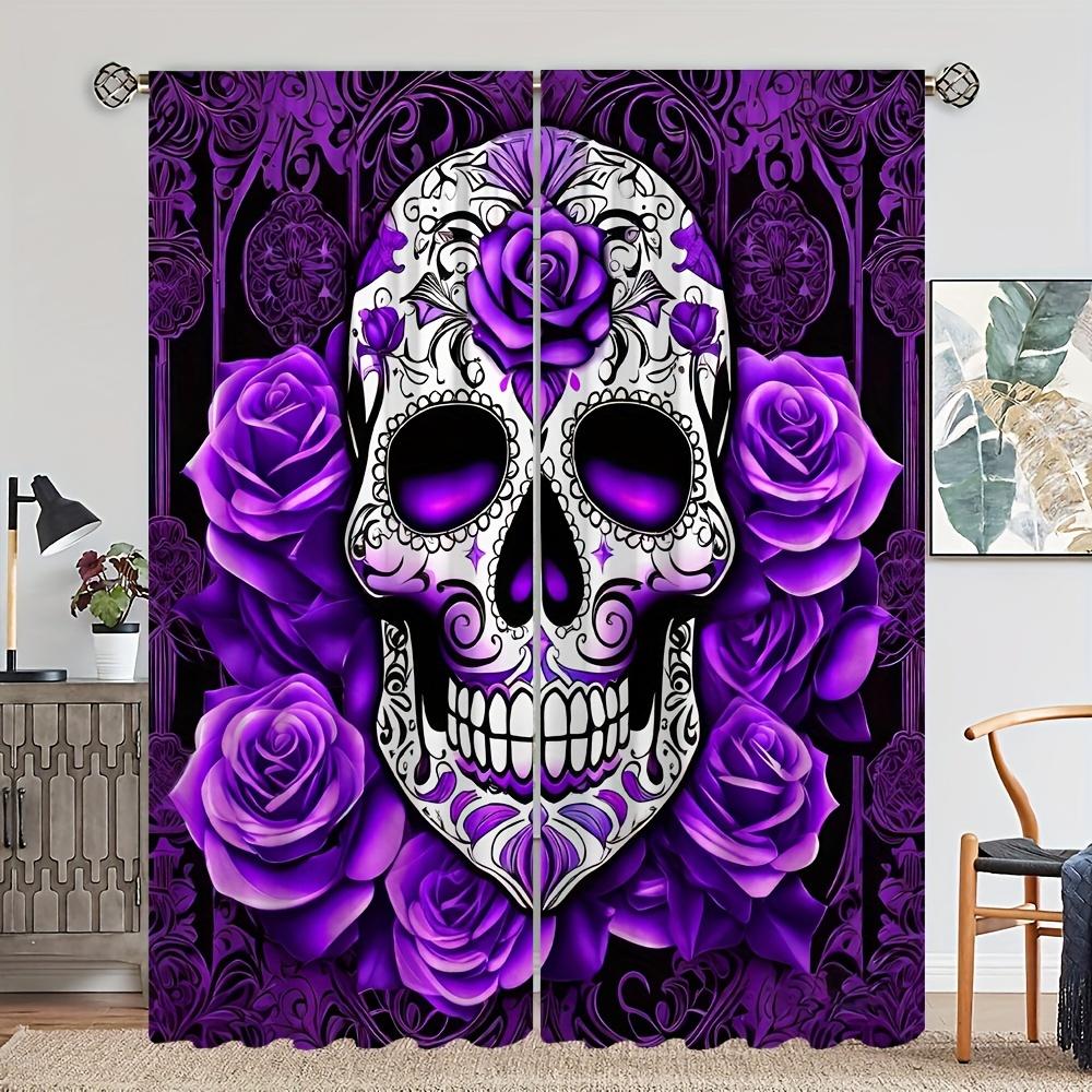 Purple Skull Rose Curtains Hd Digital Print Bedroom Study Office Window Decor Halloween Gothic Style Set Of 2 Made Polyester With Rod Pocket Sleeping