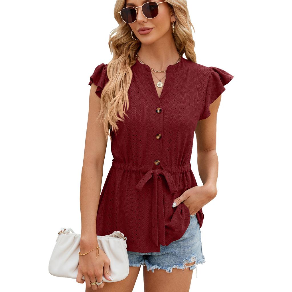 Summer Women's T-shirt Solid Color Button Up Loose T-shirt Top