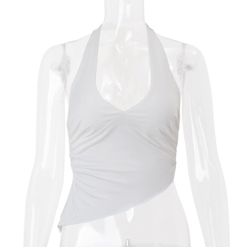 Casual Solid Women Halter Crop Top Y2K Elegant V neck Sleeveless Fold Summer Tees Formal Streetwear Sporty Female Vest