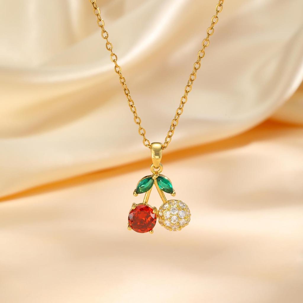 Delicate Red Cherry Pave Zirconia Pendant Necklace for Women, Fruit Summer Jewelry