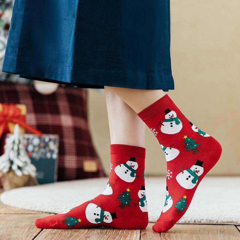 Christmas Socks, Female Autumn and Winter Cartoon Mid-calf Socks, Santa Claus, Reindeer, Snowman, Cute Big Red Socks