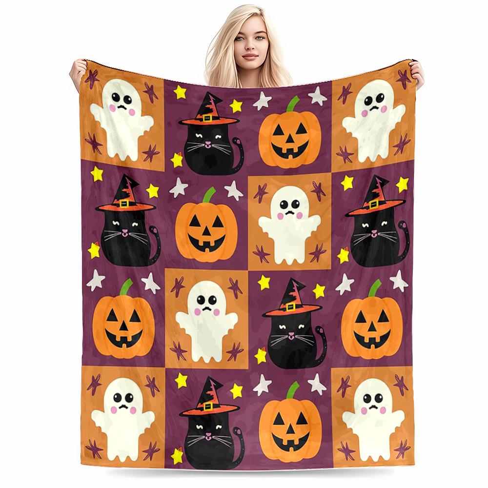 Cute Halloween Ghost and Cat Pattern Flannel Blanket for Bedroom, Living Room, Sofa, and Nap