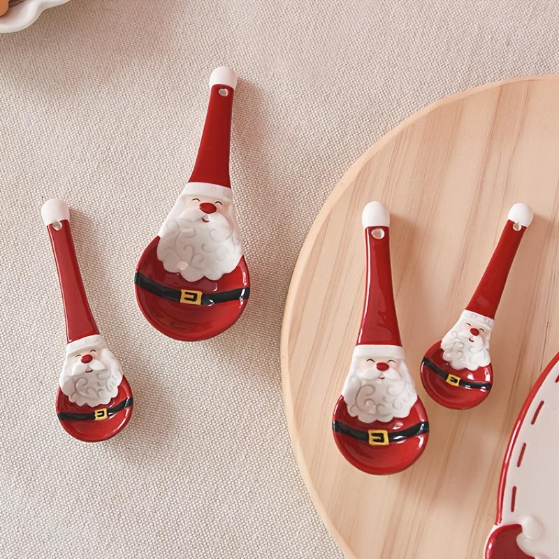 4pcs Santa Claus Ceramic Spoons, Baking Measuring Scoops with Graduations for Salt, Sugar Seasoning and Soups, 3D Embossed Design