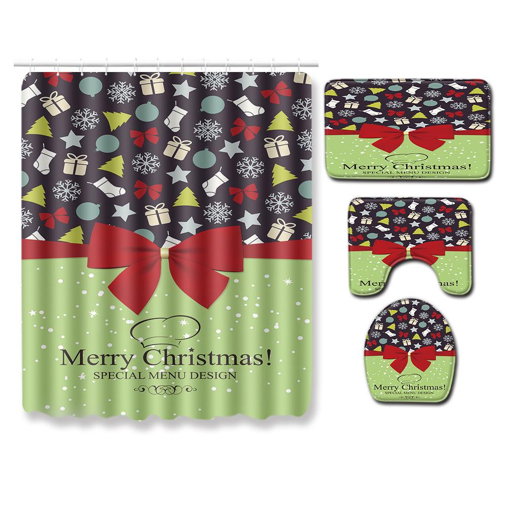 Christmas Shower Curtain Floor Mat Combination Four-Piece Set Bathroom Toilet Carpet Shower Room Mat Foot Mat