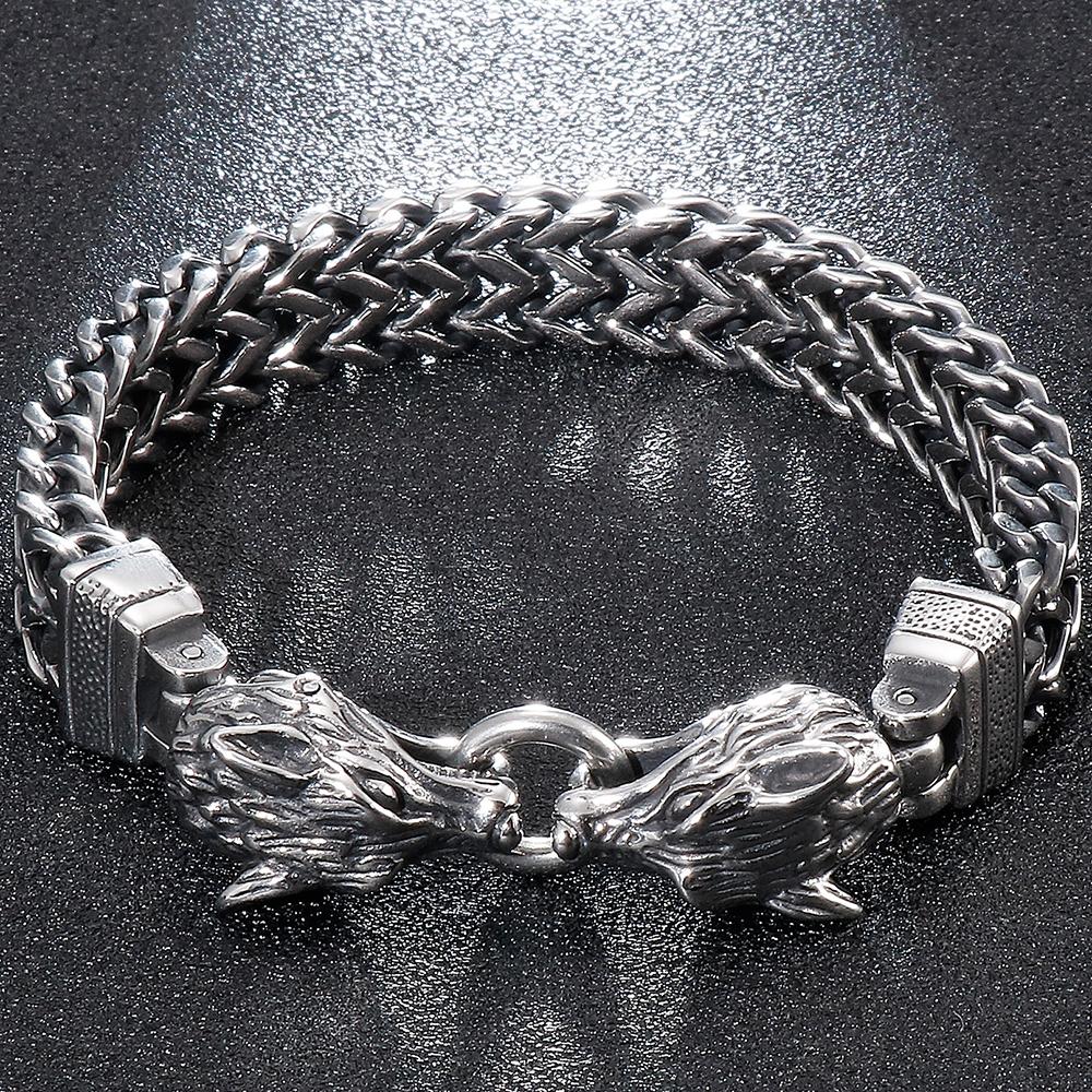 Men's Double Wolf Head Bracelet Man Vintage 12MM Width 316l Stainless Steel Punk Chain Gothic Animal Jewelry Accessory for Men