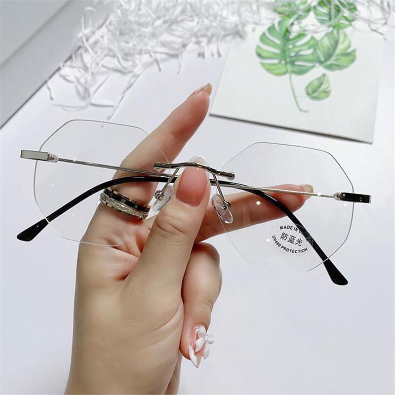 Rimless Blue Light Blocking Finished Myopia Glasses Women Metal Frameless Polygon Shortsighted Eyewear Diopter -1.0 -1.5 To -4.5