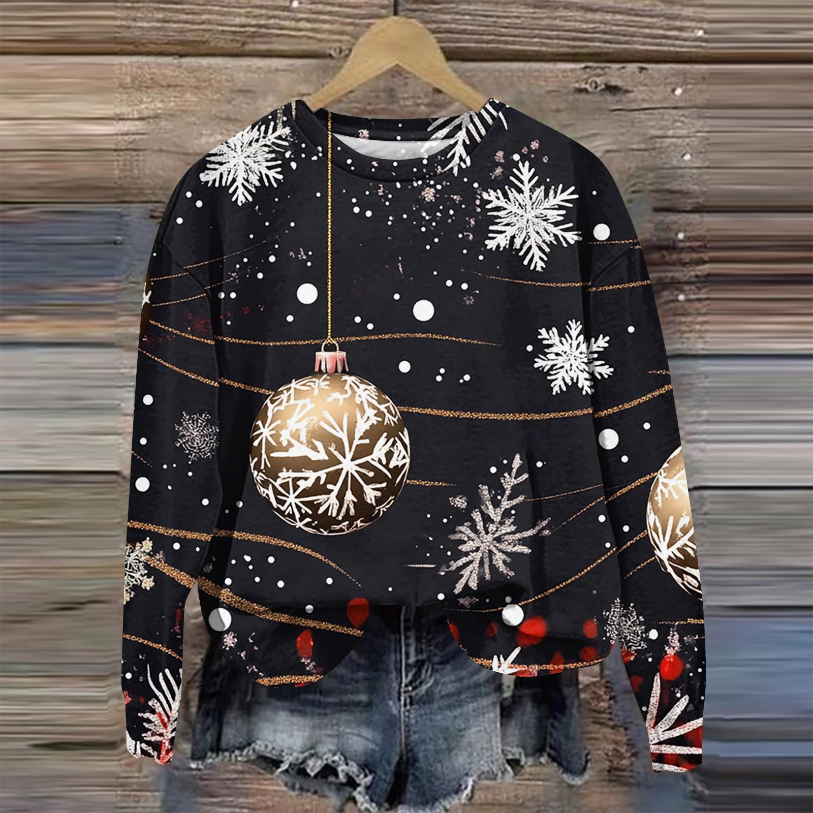 

Женская мода круглый вырез пуловер длинный рукав футболка рождественский принт топ L чёрный