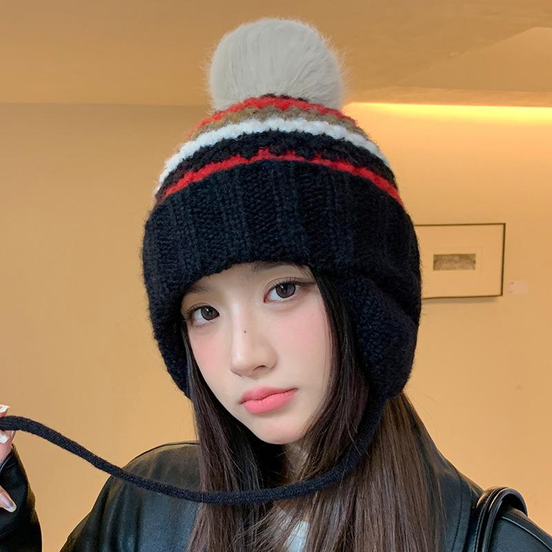 Korean Version of Versatile Knitted Wool Hat for Women In Autumn and Winter Thickened Windproof Ear Protection Hat Cute Wool Ball Warm Lei Feng Hat