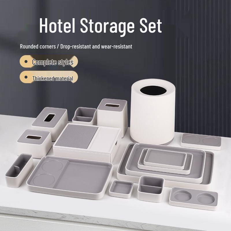 Hotel Bathroom Essentials Set: Washstand Tray, Disposable Toothbrushes, Tissue & Tea Box, Remote Holder