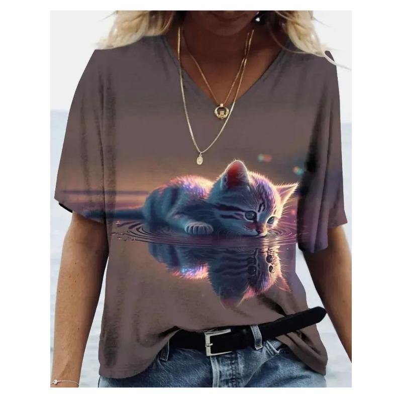 Cartoon T-shirt Women's Short Sleeve Summer Outdoor Casual V-Neck Short Sleeve Tops Oil Painting Puppy Print Plus Size Clothing