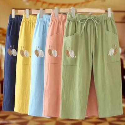 Women Cotton Thin Pants, Summer Large Size, Embroidered, Straight Pants, Women's, Elastic Waist, Versatile, Casual Capris