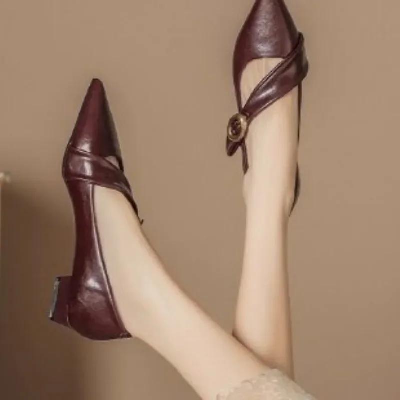 Pointed Toe Women Chunky Shallow Leather Elegant Heels Shoes Trend Fashion Spring Designer Party Dress Sandals New Mujer Zapatos