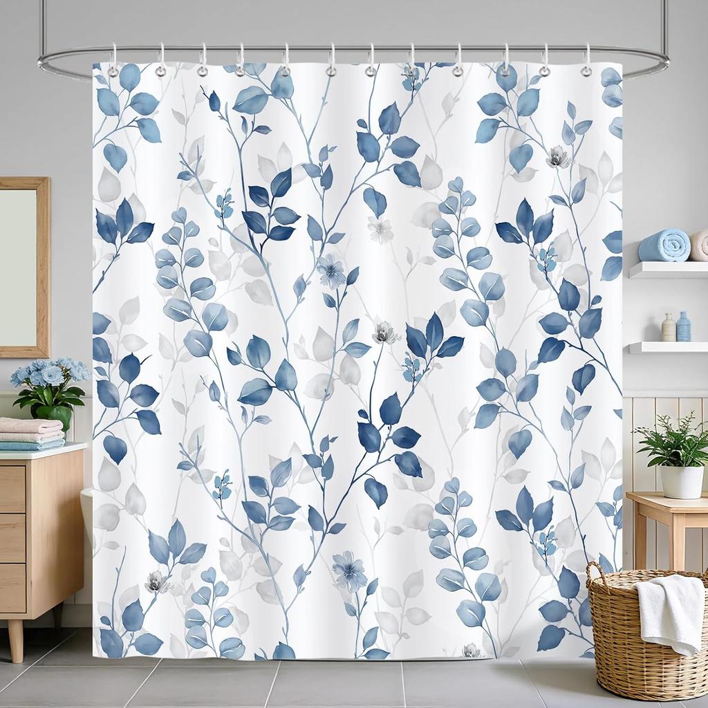 Blauer Blätter Duschvorhang, Aquarell Eukalyptusblatt Floral Botanische Pflanze Duschvorhang Badezimmer Wasserdicht Polyestergewebe