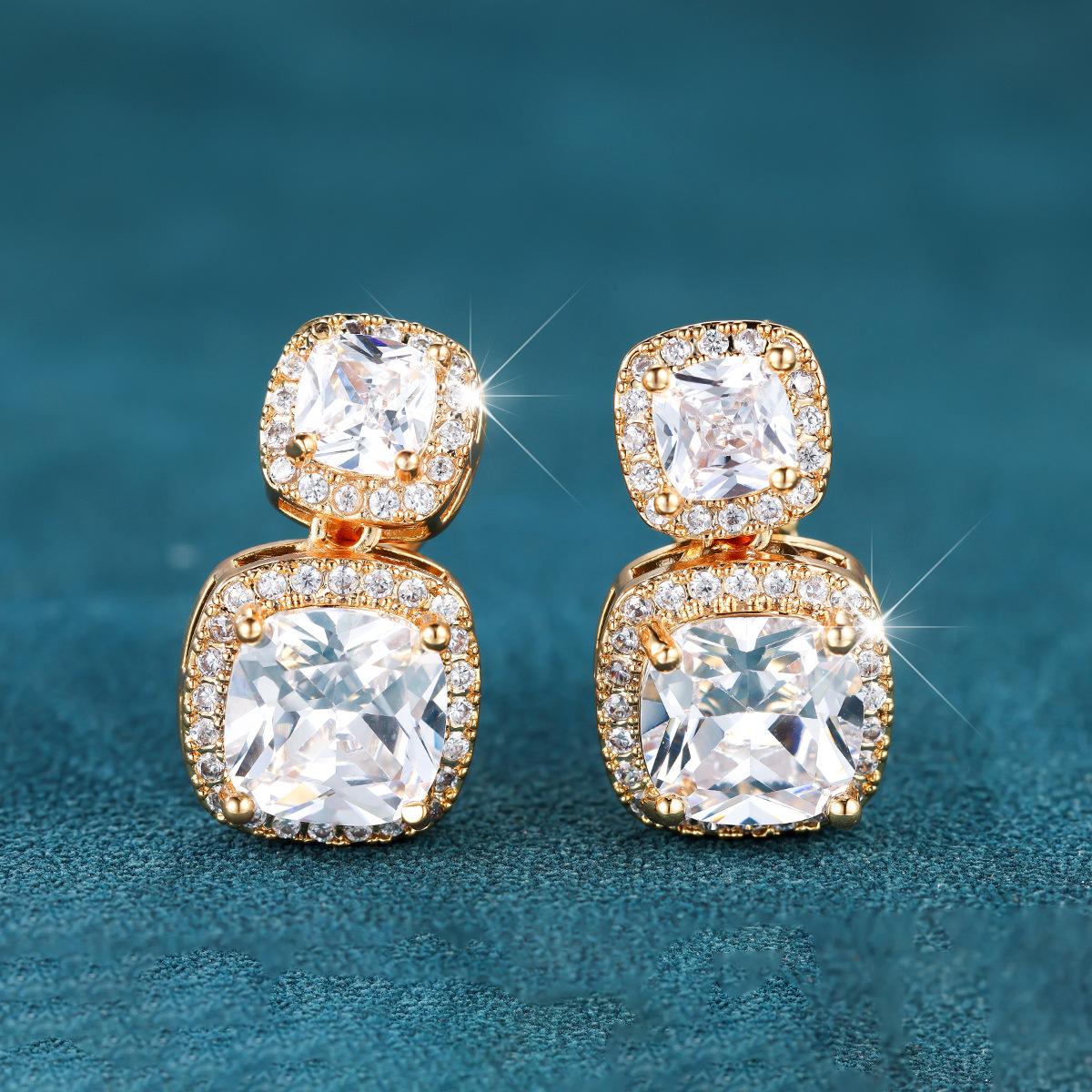 Hot-selling double-layer square full diamond earrings, women s temperament dinner versatile retro court style jewelry