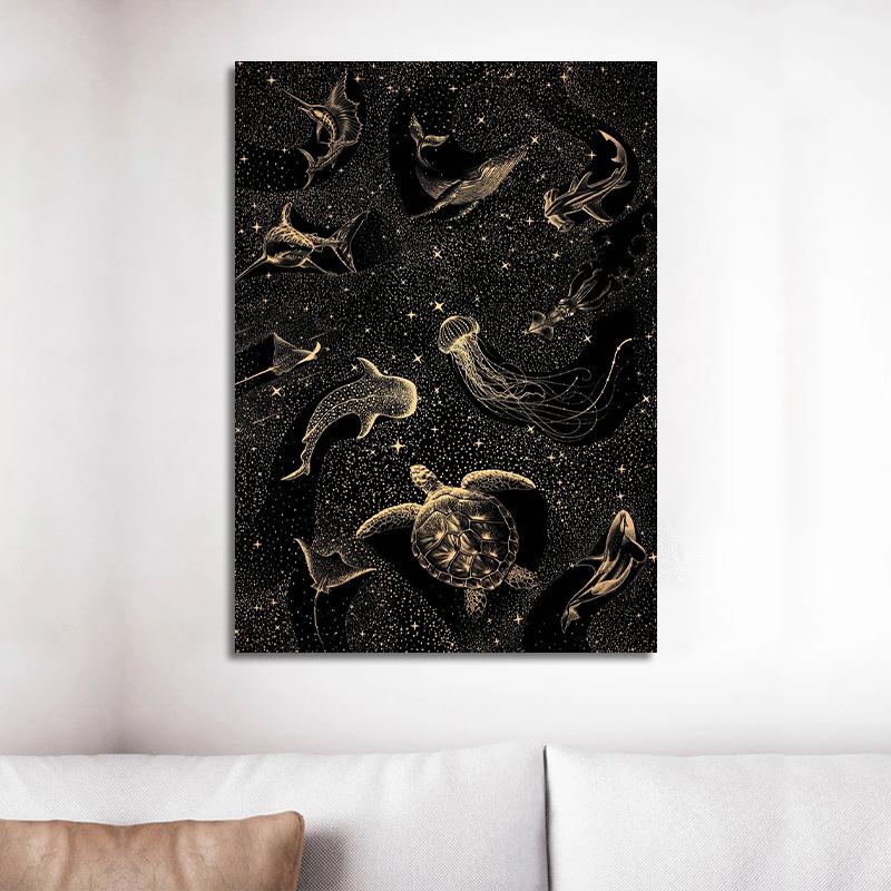 Cosmic Ocean Animals Starry Jellyfish Turtle Canvas Painting Nordic Wall Art For Living Room Home Decoration Frameless