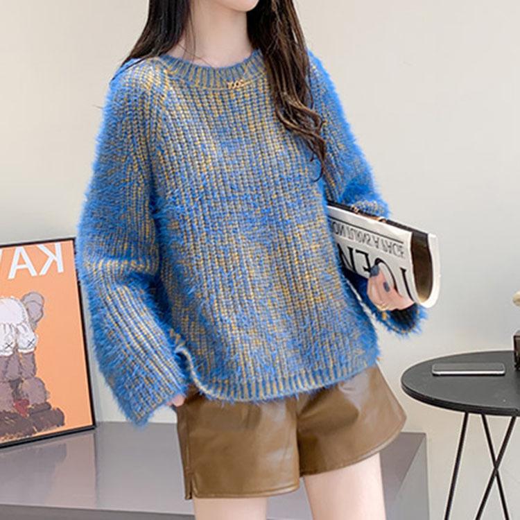 Autumn and Winter Pullover Sweater for Women Loose and Fashionable Thick Blue Knit Sweater for Women