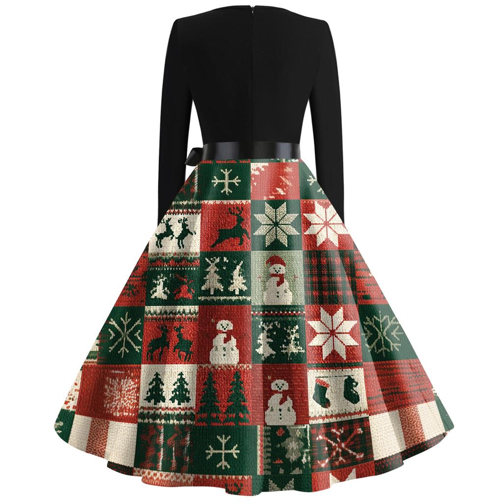 Women's Casual Christmas Print V-Neck Vintage Dress for Holiday Parties and Everyday Wear