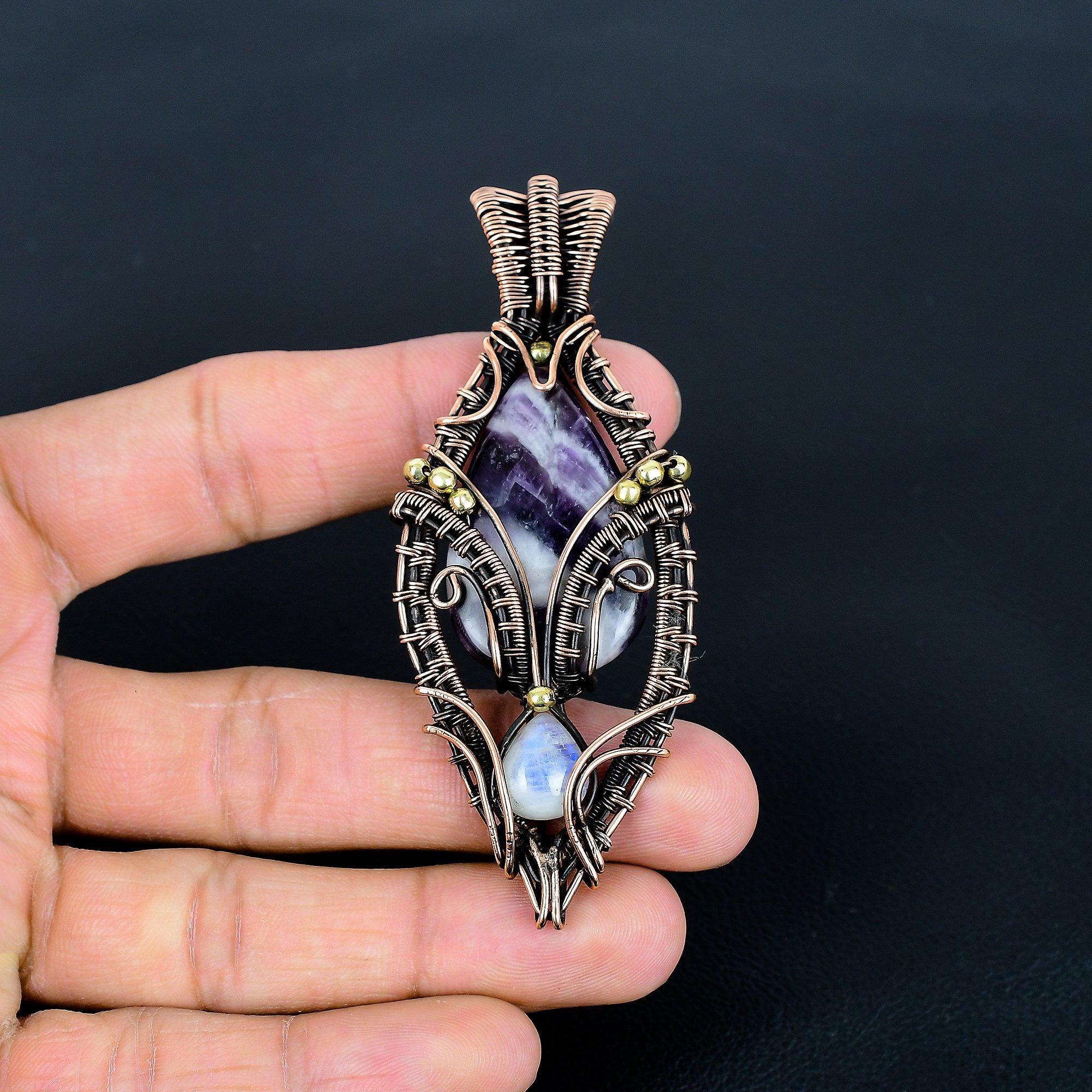 

Sage Amethyst & Moonstone Pendant, Gemstone 999 Copper Wire Wrapped Jewelry Pendant, Handmade Jewelry Birthstone Pendant, Gift For Him 3.54 Inches