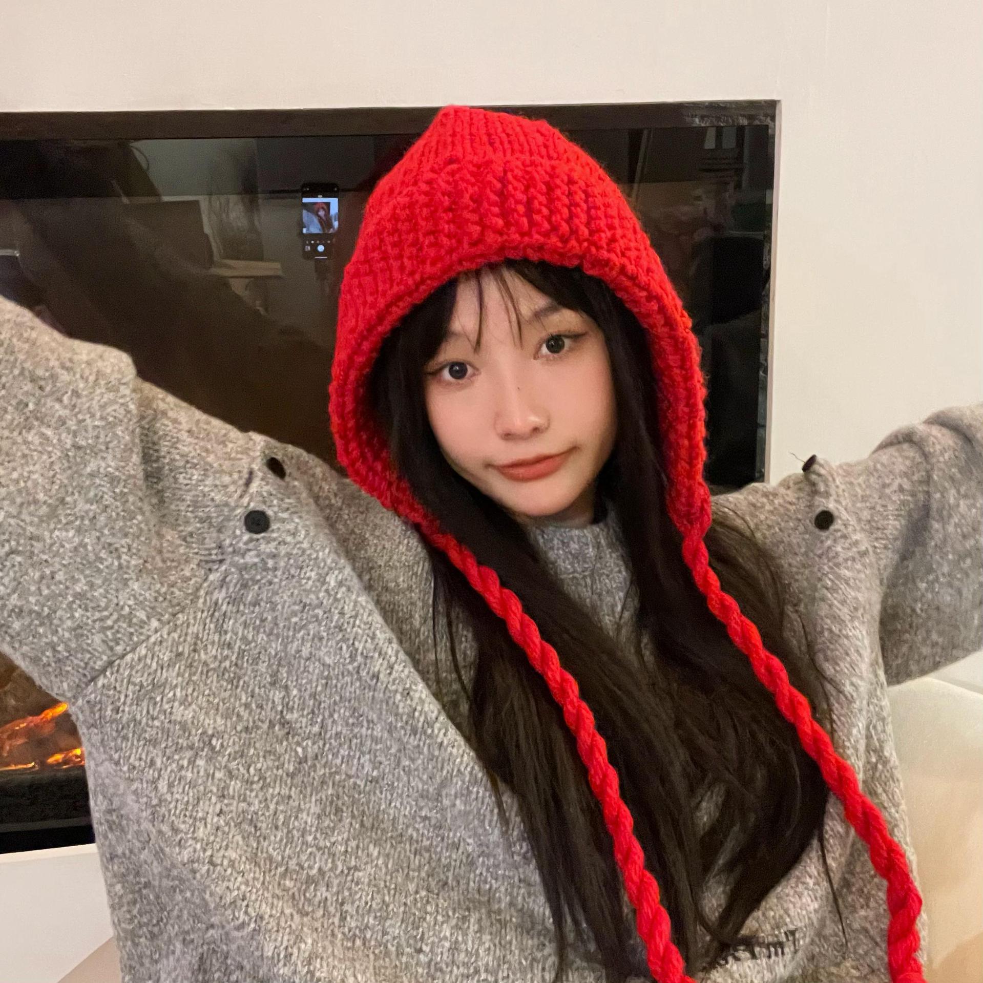 

Red Korean Version Versatile and Fashionable Autumn and Winter Bag Head Hat for Women Warm Knitted Hat Wool Hat Fashionable Face Japanese Trend average size