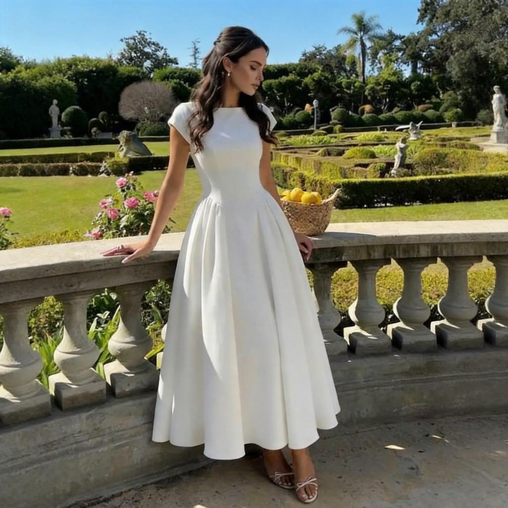 Elegantes Weißes Langes Kleid Mit Gespleißtem Polyesterstoff Für Büro Und Formelle Anlässe