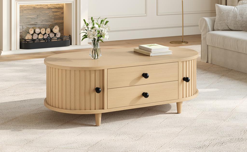 Round Coffee Table with Roller Doors, Light Wood, 2 Drawers, MDF Living Room Table with Solid Wood Legs, 100×50×36cm, Load Capacity Up To 50kg