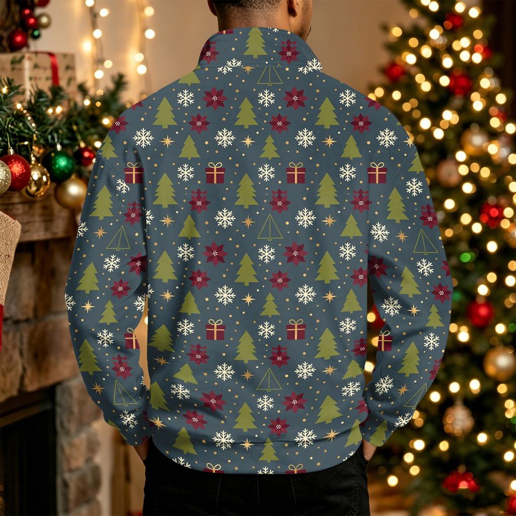 Men's Casual Quarter-Zip Stand Collar Sweatshirt with Christmas Print, Holiday Pullover