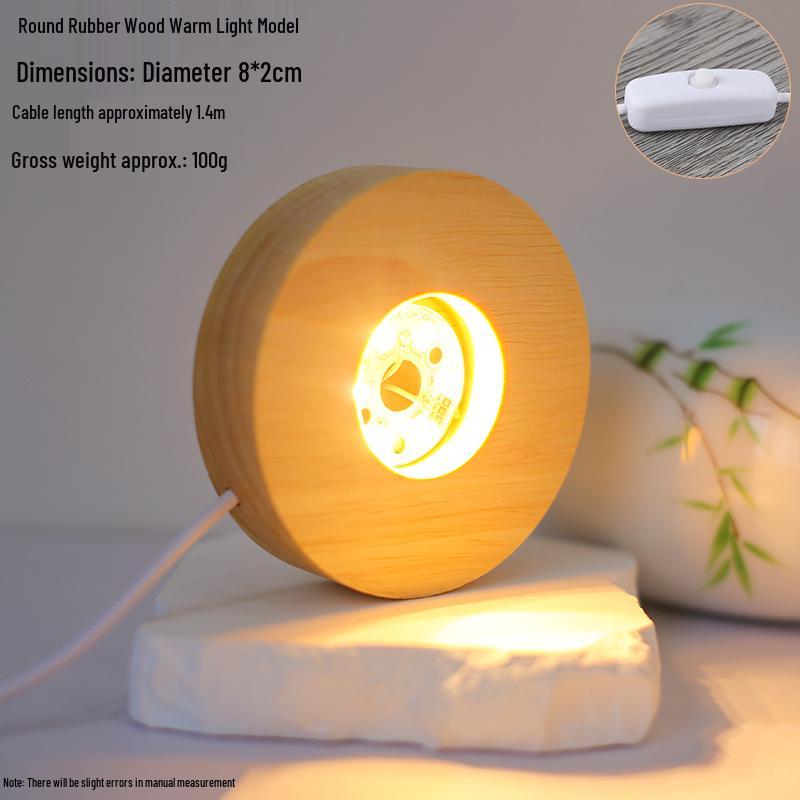Round LED Night Light with Luminous Crystal Ball and Wooden Base for Bedroom