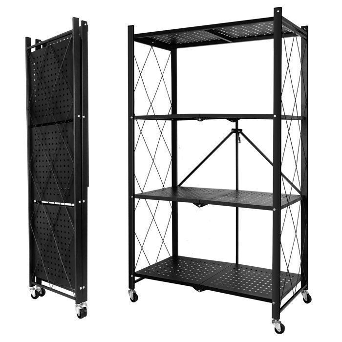Meuble de rangement pliable - 4 étagères - Métal noir - 4 roulettes verrouillables - 272 kg de capacité