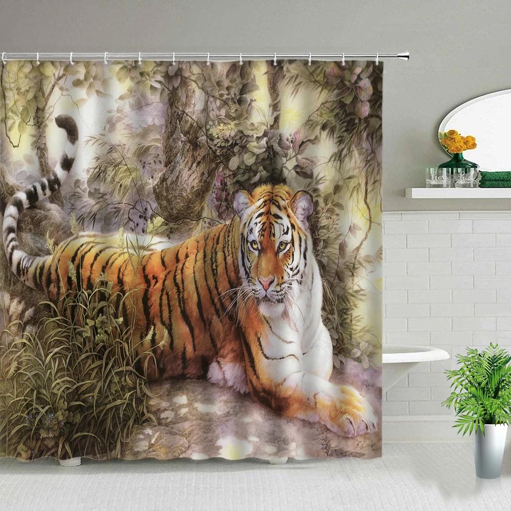 

Spring Waterfall Scenery Shower Curtains African Tiger In Water Swimming Bath Curtain Wild Animal Print Bathroom Home Decor Boys W60H190(CM)-1 Pcs