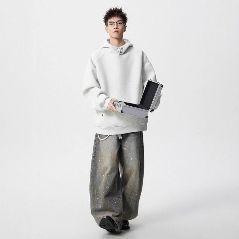 Thick Fleece-Lined Hooded Sweatshirt Unisex Oversized Winter Casual Pullover With Button