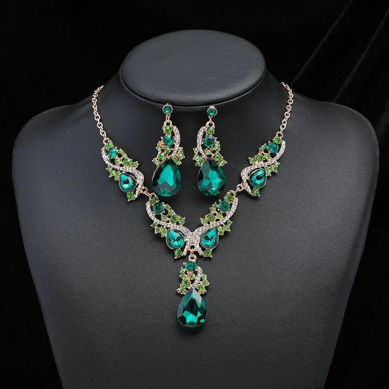 Stylish And Elegant Artificial Gemstone Necklace And Earring Set, Extravagant Full-diamond Teardrop Necklace Jewelry One Size