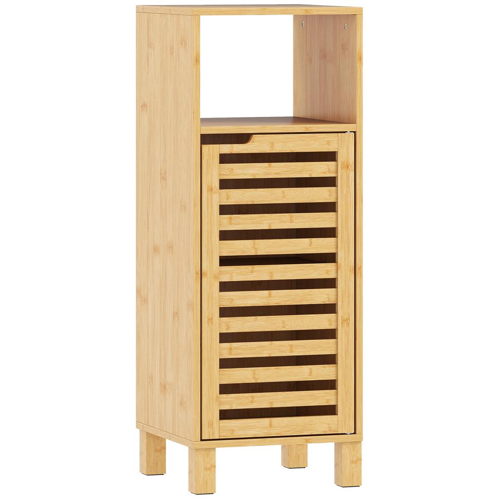 Bathroom Cabinet, Open Shelf, Cabinet, Bamboo Wood, Louvered Door, Light Brown