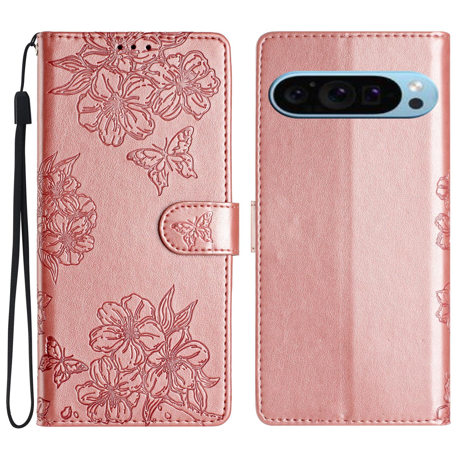 

For Google Pixel 9 Case Butterfly Flower Pattern PU Leather Wallet Stand Phone Cover Rose Gold