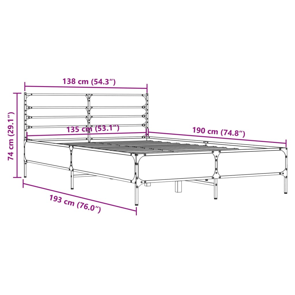 Bed Frame in Grey Sonoma 135 x 190 cm Made of Engineered Wood and Metal